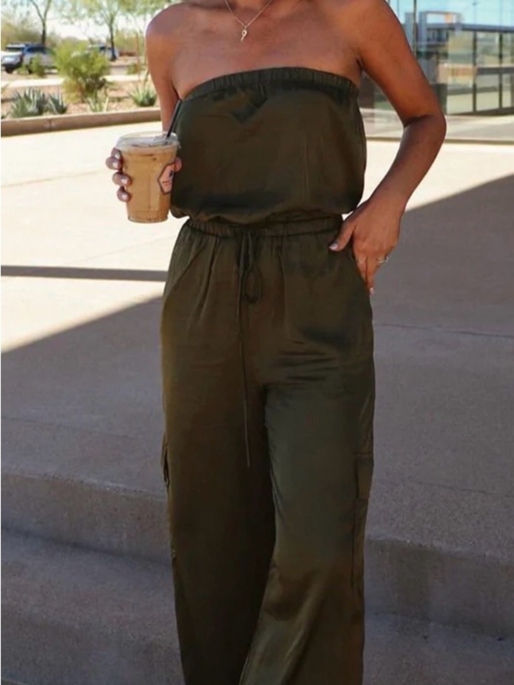 Express Olive Strapless Wide-Leg Jumpsuit